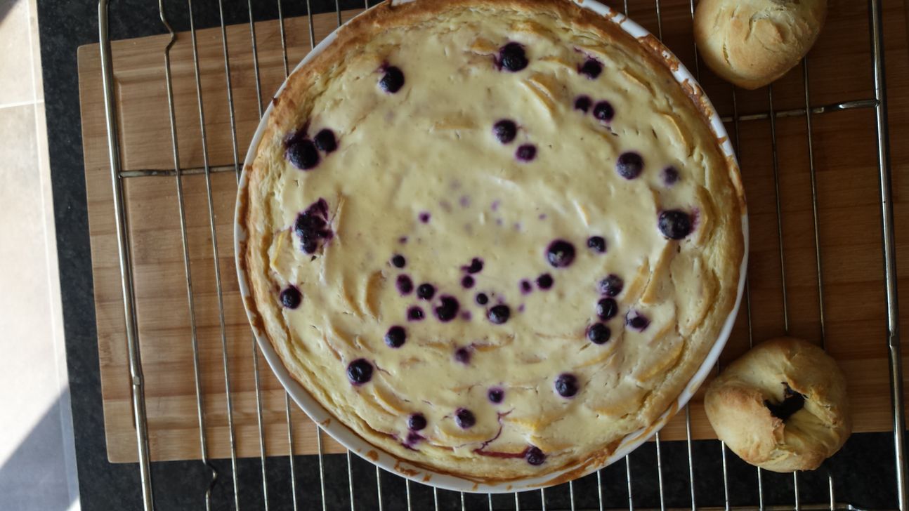 Ein ganzer, runder Käsekuchen mit Beeren im Blech.